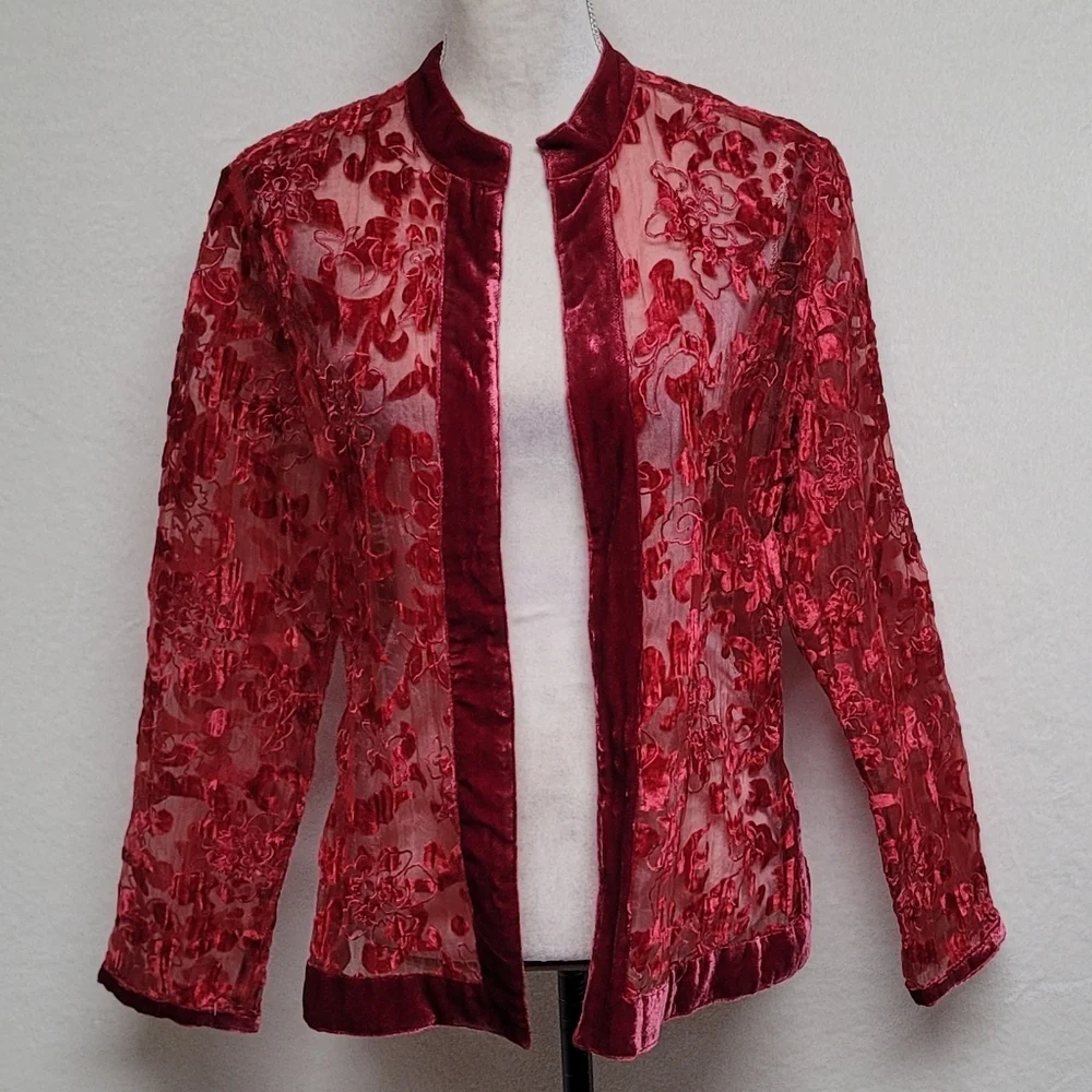 Chico's 90s Vintage Red Burnout Velvet Floral Sheer Mesh Open Front Cardi Jacket
